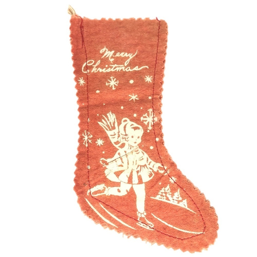 VINTAGE 50s Small Decorative Red Ice Skating Merry Christmas Flannel Stocking